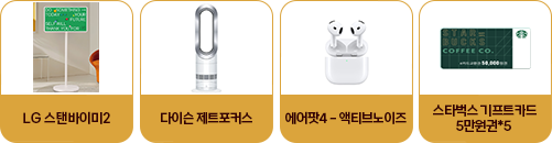 경품 목록: 에어팟 맥스(무선 헤드폰), 크리아티스타플러스 JS20 스테인리스 스틸(커피머신), 삼성 더 프리스타일 플러스(시네빔)